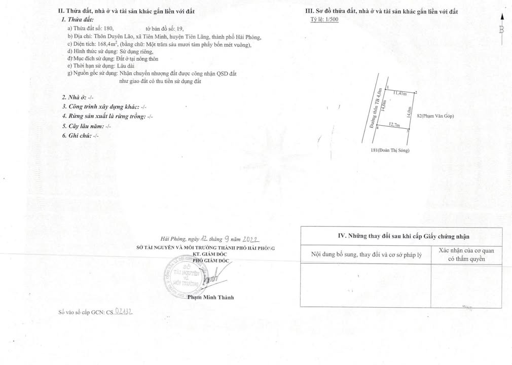 Lô đất thôn Duyên Lão - Tiên Minh - Tiên Lãng 168,4m² - Đầu tư tiềm năng