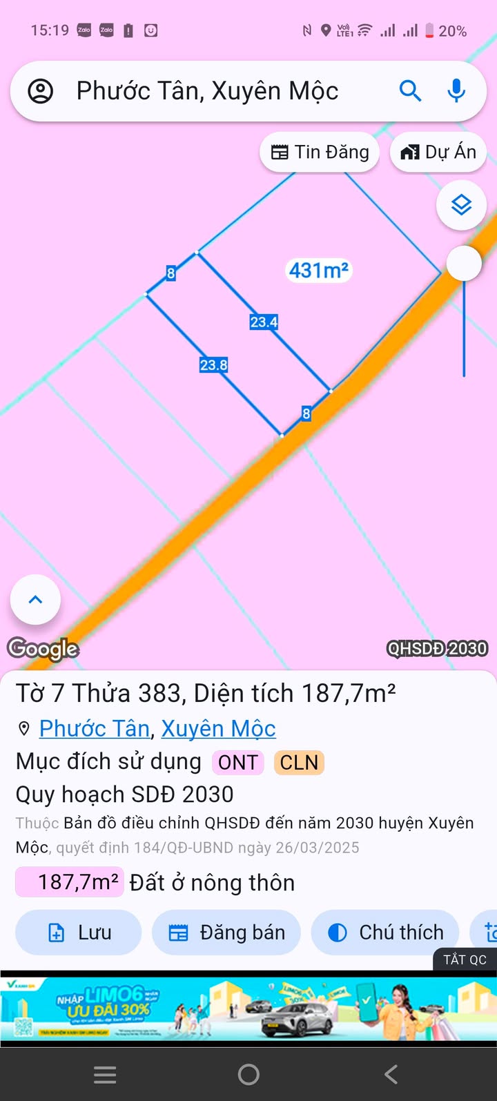 Đất thổ cư Xã Phước Tân, Huyện Xuyên Mộc 184m² giá 1.05 tỷ - Sổ hồng chính chủ, còn thương lượng!