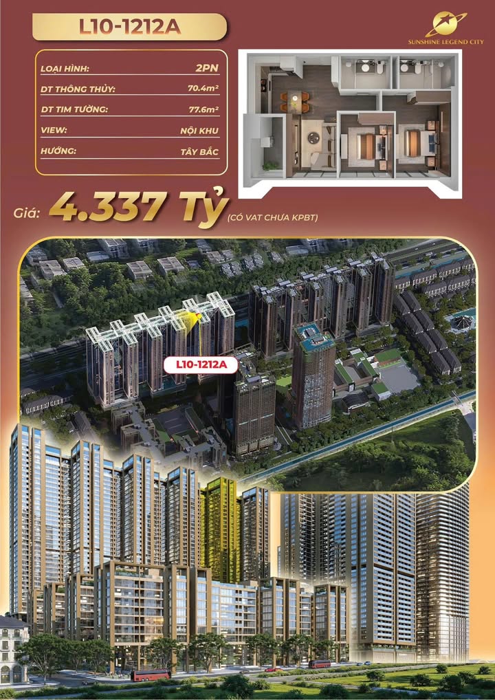 Căn hộ 2PN Sunshine Legend City 70m² giá 3.978 tỷ - Cơ hội đầu tư không thể bỏ lỡ!
