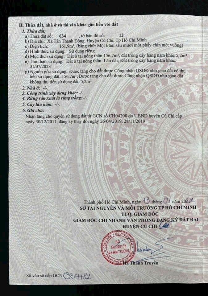 Đất thổ cư Tân Thạnh Đông Củ Chi 162m² giá 2 tỷ - Mặt tiền đường bê tông 3m