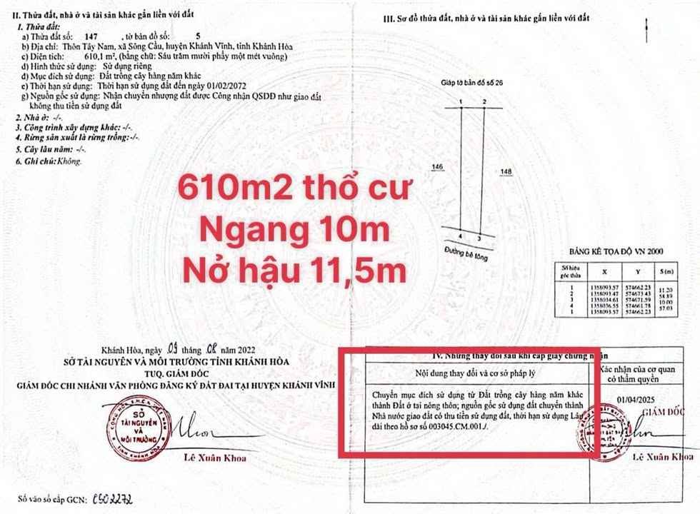 Đất nền Sông Cầu Khánh Hòa 610m² giá 1.25 tỷ - Đầu tư sinh lời ngay!