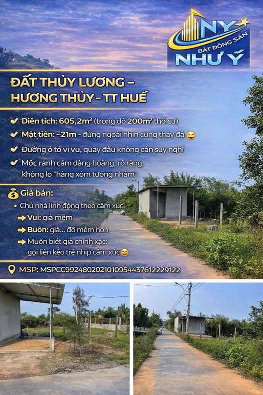 Đất thổ cư Hương Thủy 605,2m² giá thỏa thuận - Mặt tiền rộng, vị trí đắc địa!