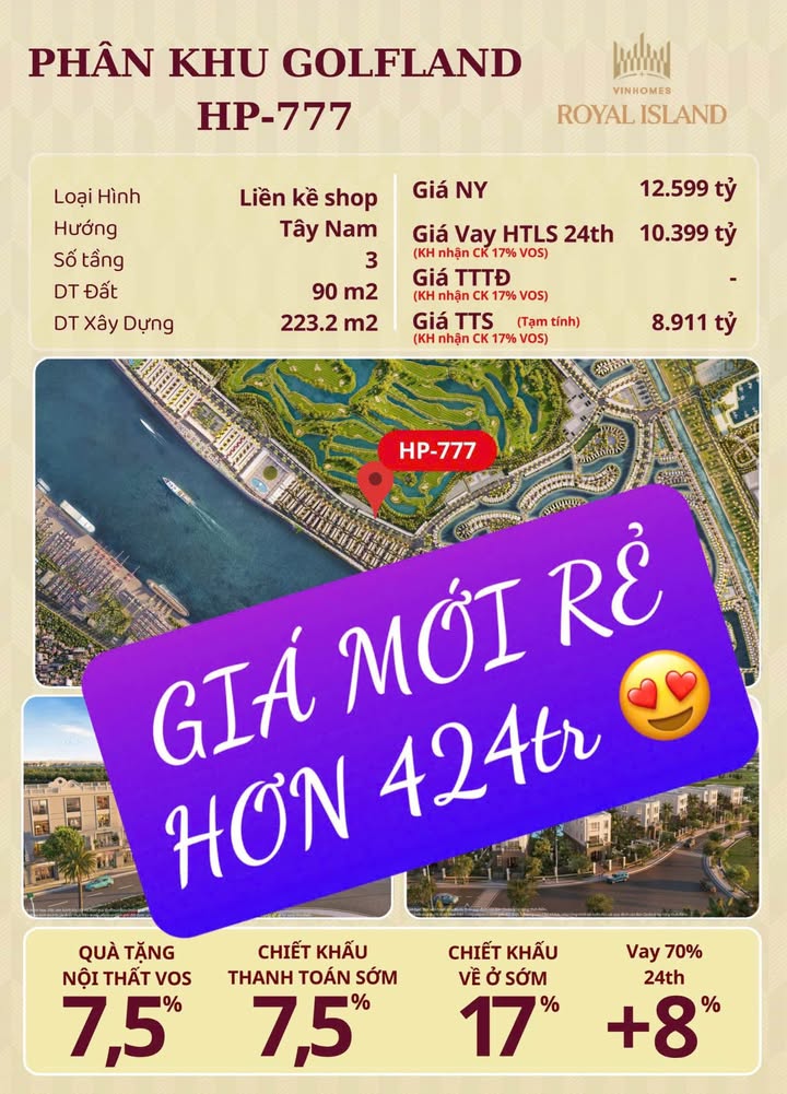 Shophouse 3 tầng đường Hạnh Phúc Hải Phòng 90m² giá 8.911 tỷ - View hồ và sân Golf tuyệt đẹp!