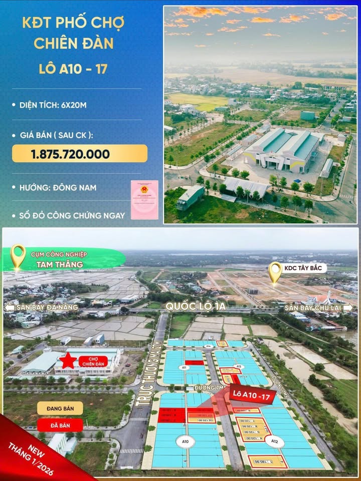 Đất nền khu phố chợ Chiên Đàn, Phú Ninh 120m² giá 1.875 tỷ - Cơ hội đầu tư hấp dẫn!