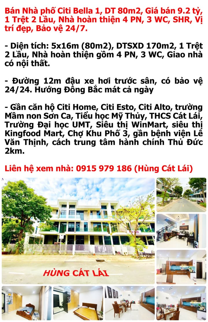 Nhà phố Citi Bella 1 Cát Lái 80m² giá 9.2 tỷ - Vị trí đẹp, an ninh 24/7!