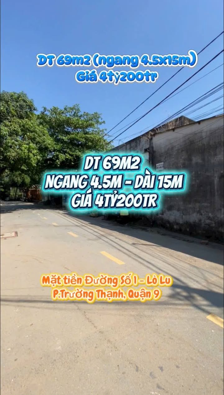 Đất mặt tiền đường số 1 Lò Lu, Quận 9, 70m² chỉ 4,2 tỷ - Cơ hội đầu tư tuyệt vời!