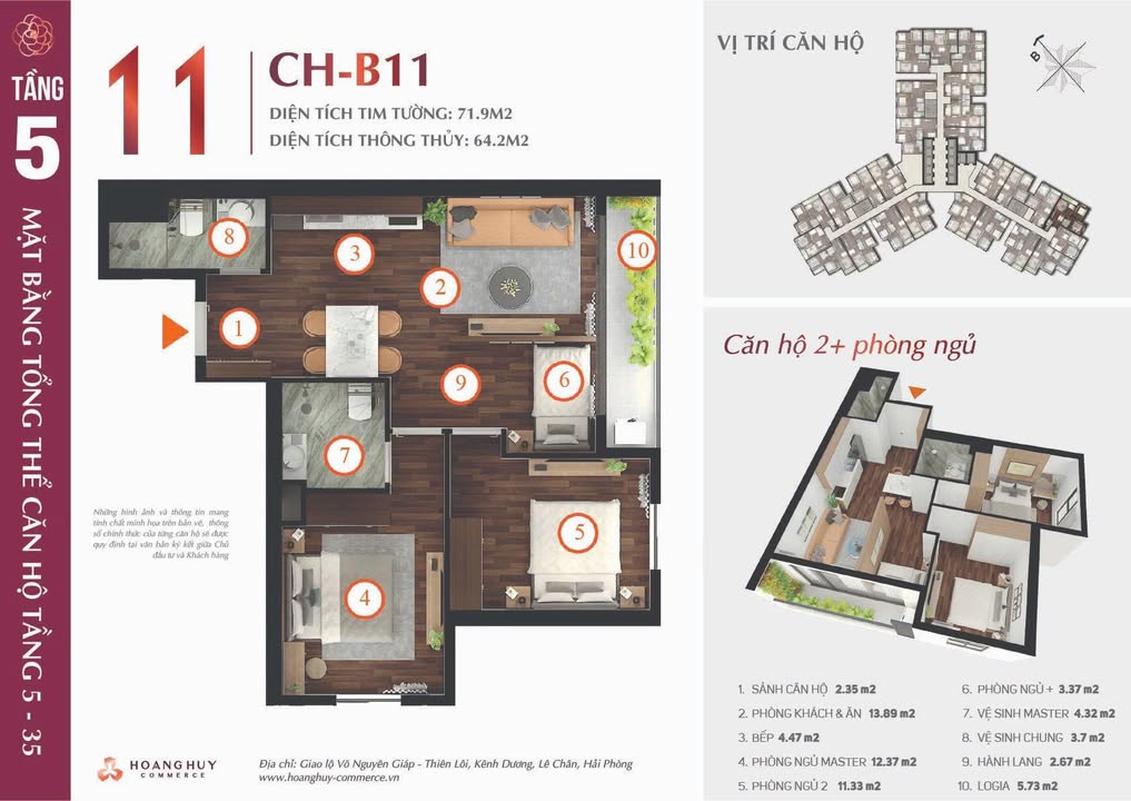 Căn hộ 2,5PN Hoàng Huy Commerce Hải Phòng 64m² giá 2,67 tỷ - Tầng cao hướng Đông thoáng mát!