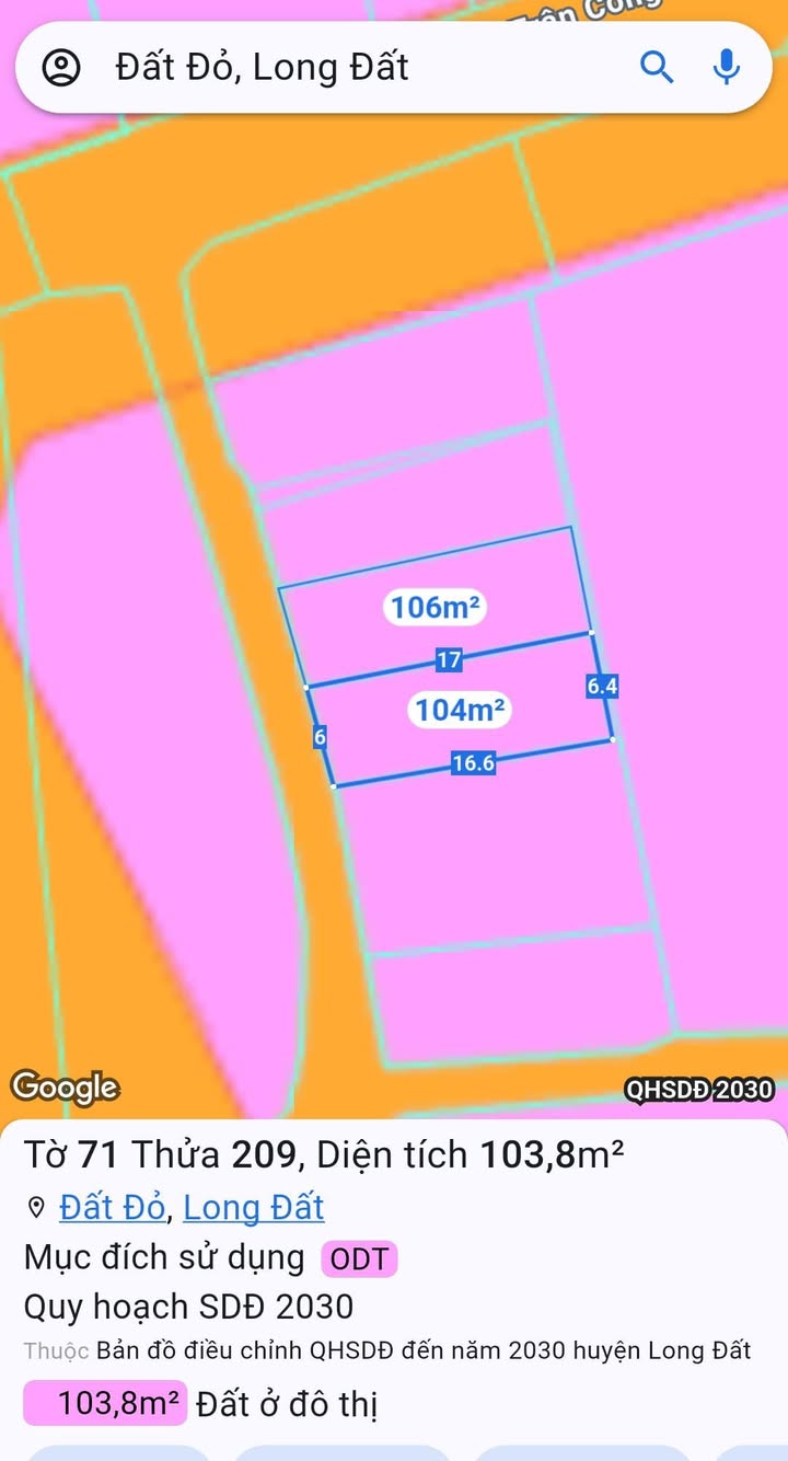 Đất thổ cư 104m² Thị trấn Đất Đỏ - Giá chỉ 850 triệu, cơ hội đầu tư tuyệt vời!