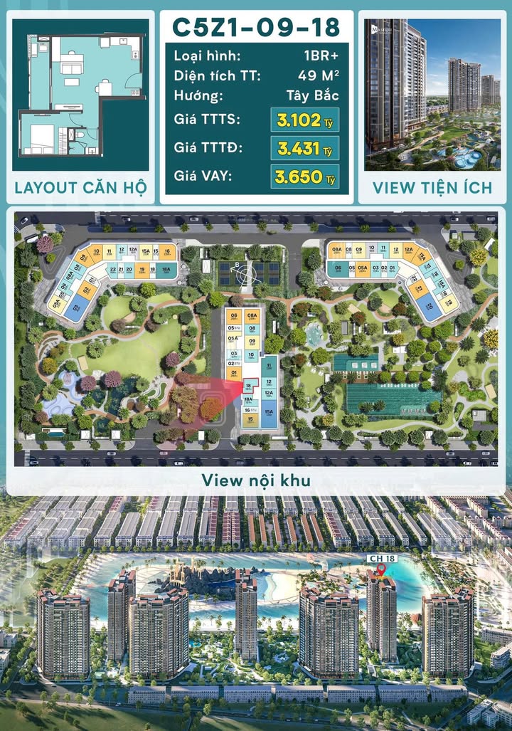 Căn hộ Vinhomes Ocean Park 49m² giá 3.1 tỷ - Nhận nhà Quý 3/2028!