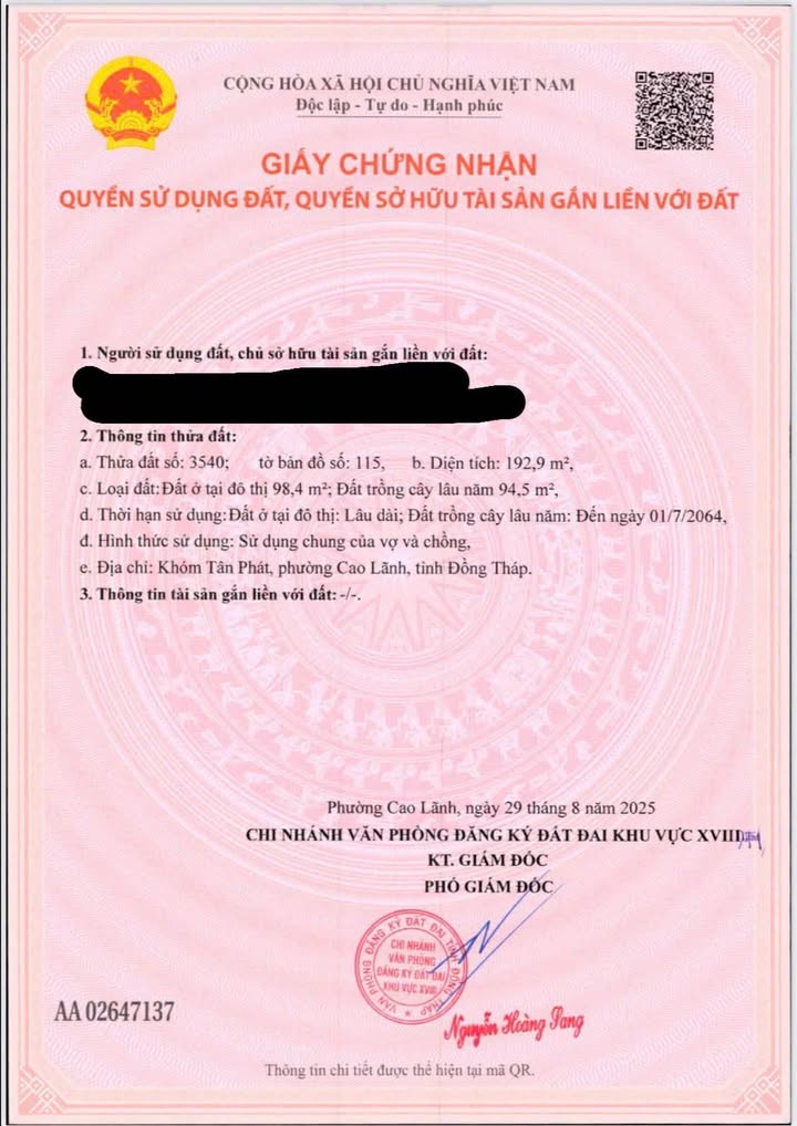 Đất nền 360m² tại phường Cao Lãnh, Đồng Tháp - Giá chỉ 1.3 tỷ, chính chủ bán gấp!