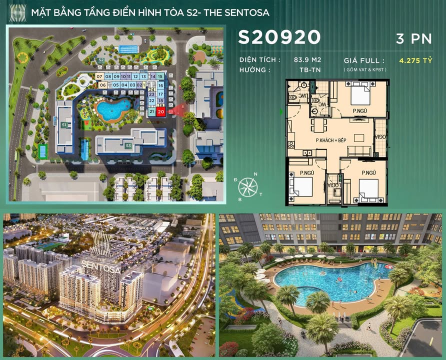 Căn hộ 3 phòng ngủ The Sentosa 83m² giá 3.3 tỷ - Không gian sống lý tưởng!