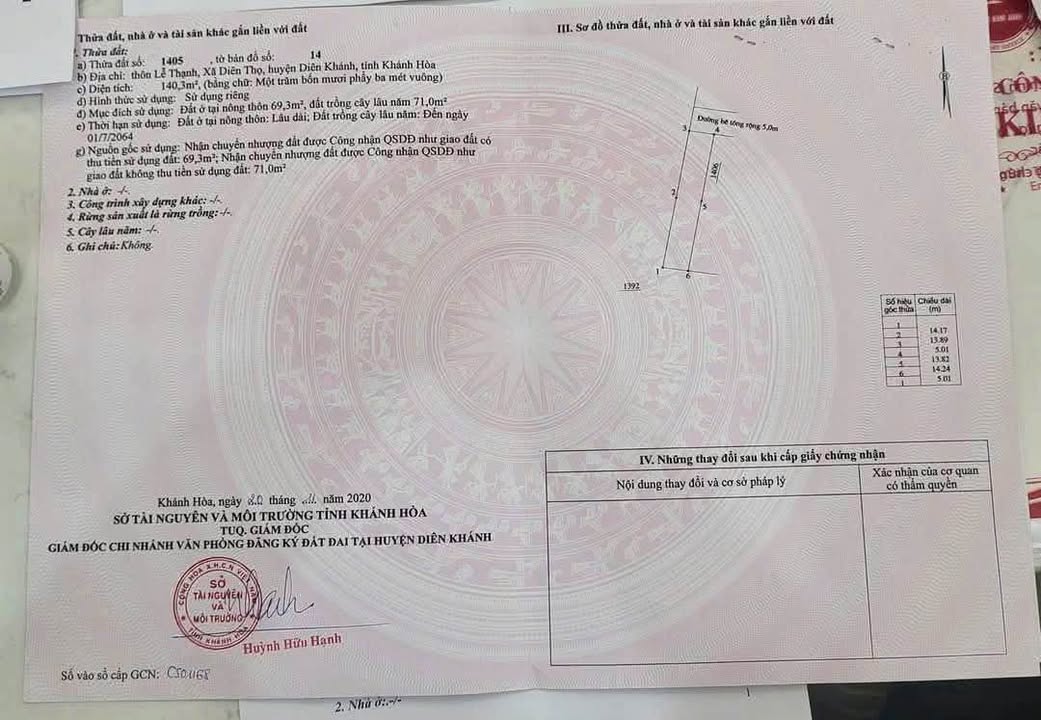 Đất thổ cư Xã Diên Thọ 140m² giá 630 triệu - Cần bán gấp!