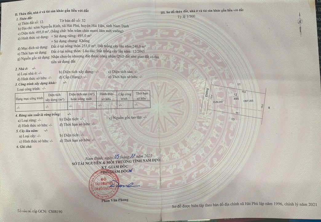 Đất nền 495m² tại xã Hải Xuân, huyện Hải Hậu - Sổ đỏ chính chủ, giá 1.3 tỷ!