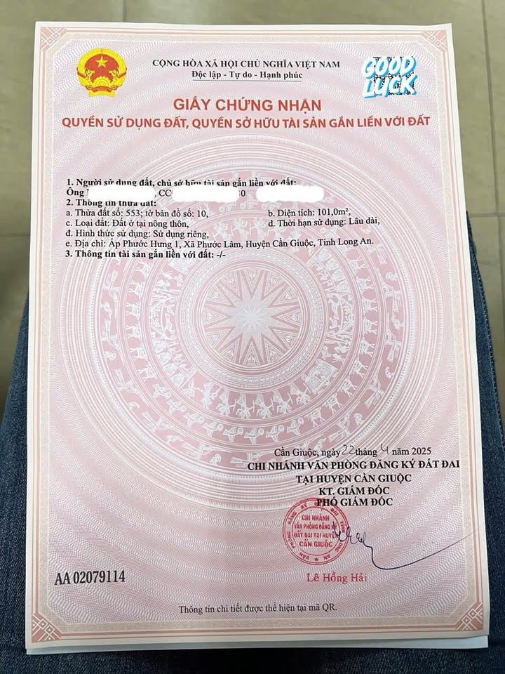 Đất nền 100m² tại xã Mỹ Lộc, Cần Giuộc - Giá chỉ 499 triệu - Sổ đỏ chính chủ!