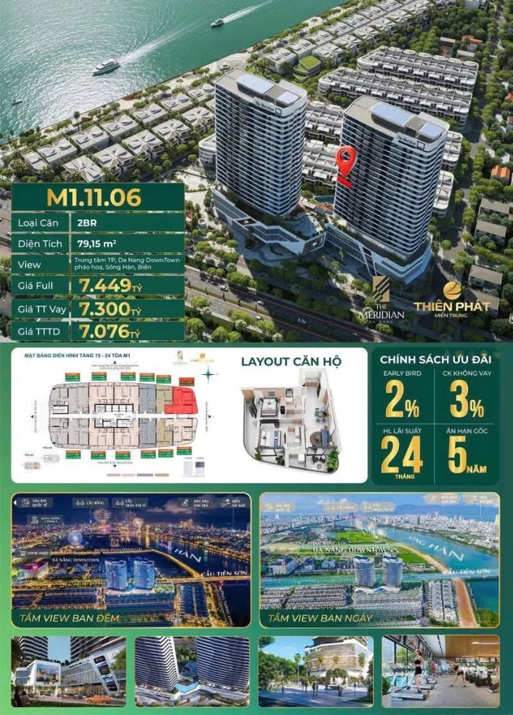 Căn hộ 2PN The Meridian Đà Nẵng 79.15m² giá 7.076 tỷ - View sông Hàn tuyệt đẹp!