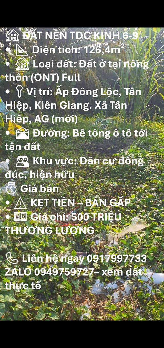 Đất nền TDC Kinh 6-9, Tân Hiệp, Kiên Giang 126,4m² - Giá chỉ 490 triệu, thương lượng!
