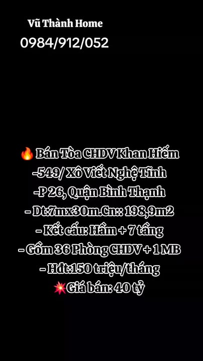 Tòa căn hộ dịch vụ 549/Xô Viết Nghệ Tĩnh, Q.Bình Thạnh, 198.9m² - Đầu tư sinh lời cao!