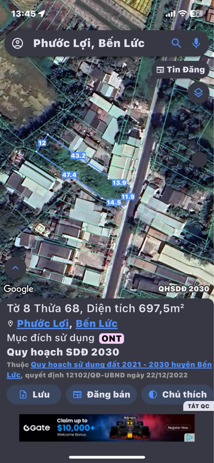 Đất thổ cư 697m² mặt tiền TL835C, Bến Lức - Giá chỉ 7.667 tỷ!