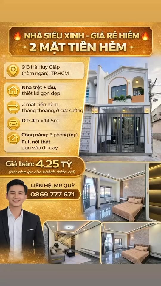 Nhà phố 2 mặt tiền hẻm 913 Hà Huy Giáp 58m² giá 4.25 tỷ - Cực kỳ hiếm có!