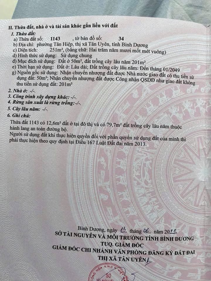 Đất nền Phường Tân Hiệp, Thành phố Tân Uyên 260m² giá 2.55 tỷ - Mặt tiền nhựa, vị trí đắc địa!