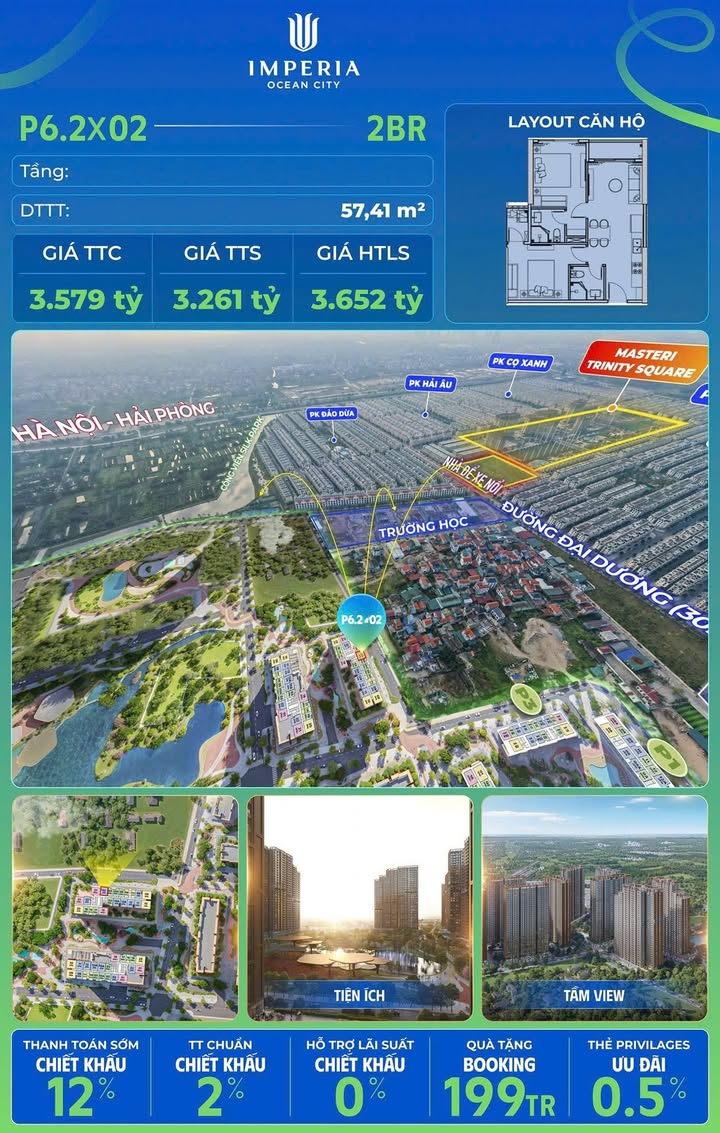 Căn hộ 2PN Imperia Ocean City Gia Lâm 57,41m² giá 3,26 tỷ - Cơ hội hiếm có!
