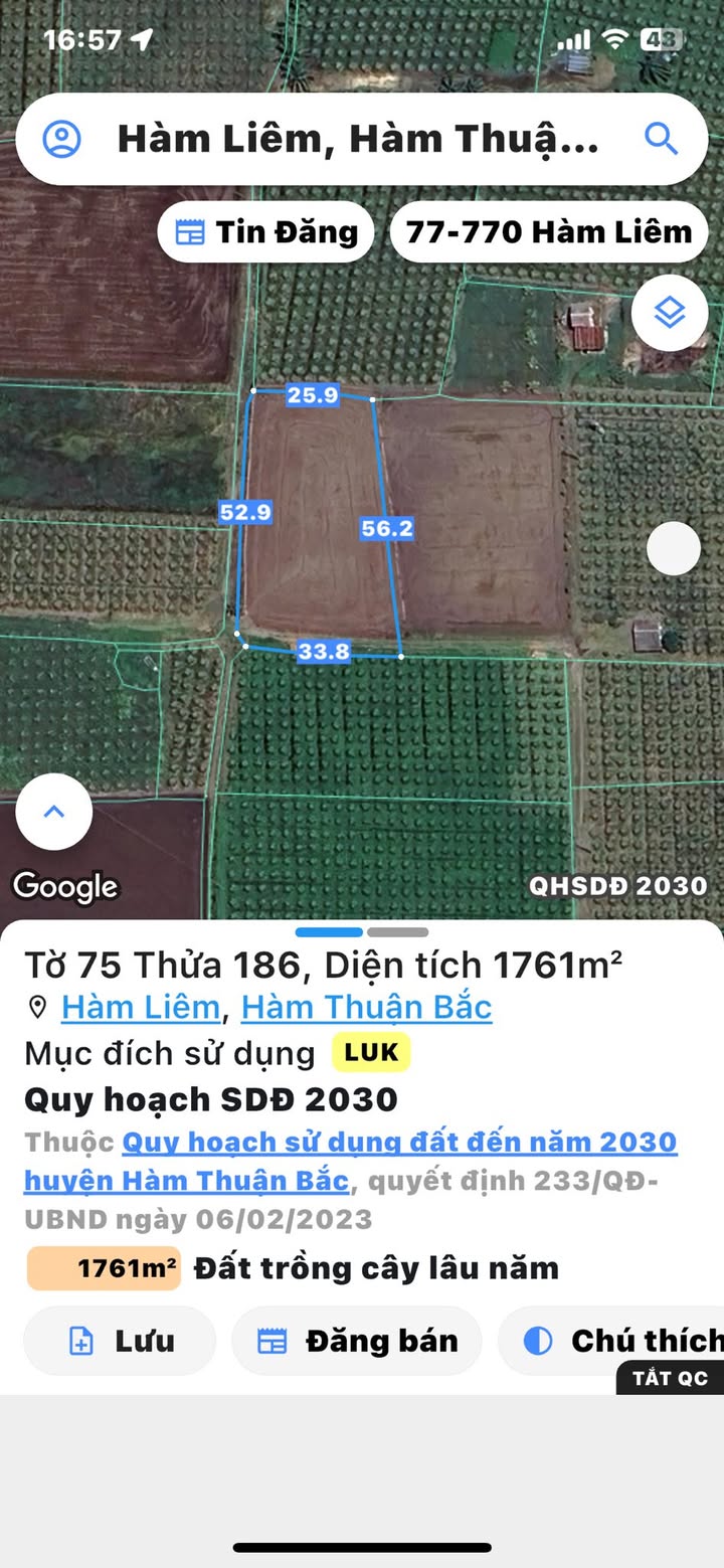 Đất lúa 360m² xã Hàm Liêm giá chỉ 550 triệu - Cơ hội đầu tư hấp dẫn!