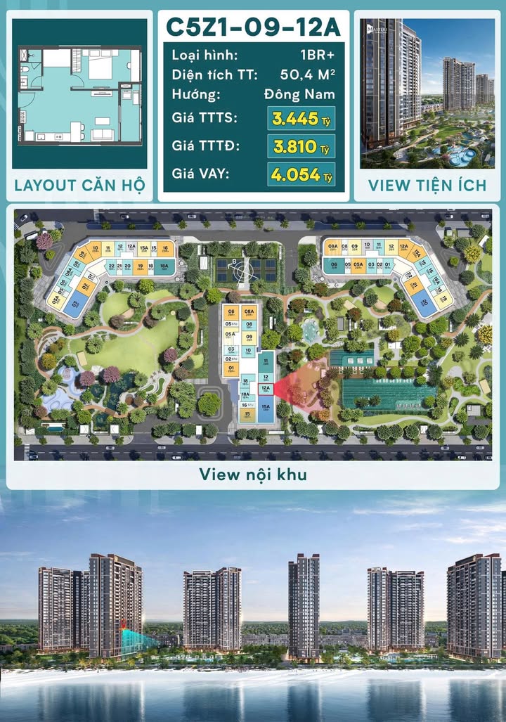 Căn hộ Masteri Grand Coast Gia Lâm 50,4m² giá 3,445 tỷ - View bể bơi Olympic tuyệt đẹp!