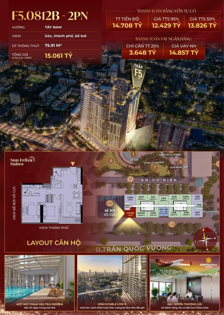 Căn hộ Sun Feliza Suites Cầu Giấy 75m² giá 15.061 tỷ - Căn góc view bể bơi tuyệt đẹp!