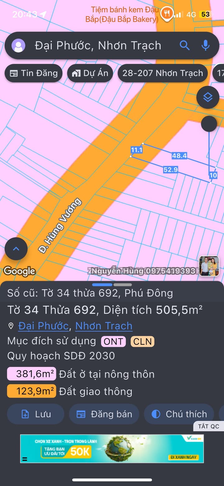 Đất mặt tiền Hùng Vương, Nhơn Trạch 505m² giá 14 tỷ - Cơ hội đầu tư hấp dẫn!