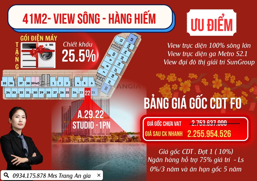 Căn hộ 1PN Tháp Gió Đông Dĩ An 41m² giá 2.255 tỷ - View sông độc đáo!