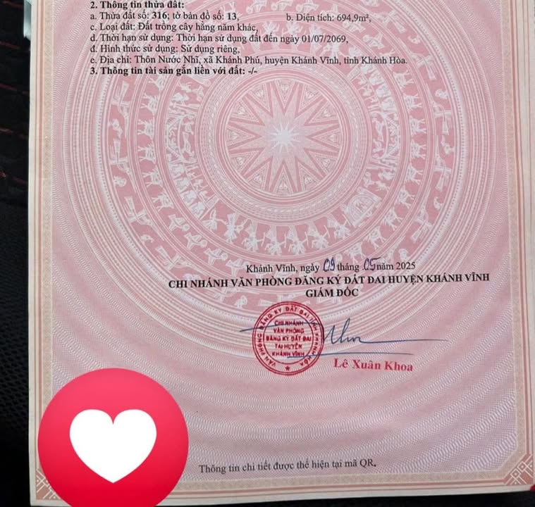 Đất thổ cư Khánh Phú 694m² giá 1.041 tỷ - Sổ đỏ rõ ràng