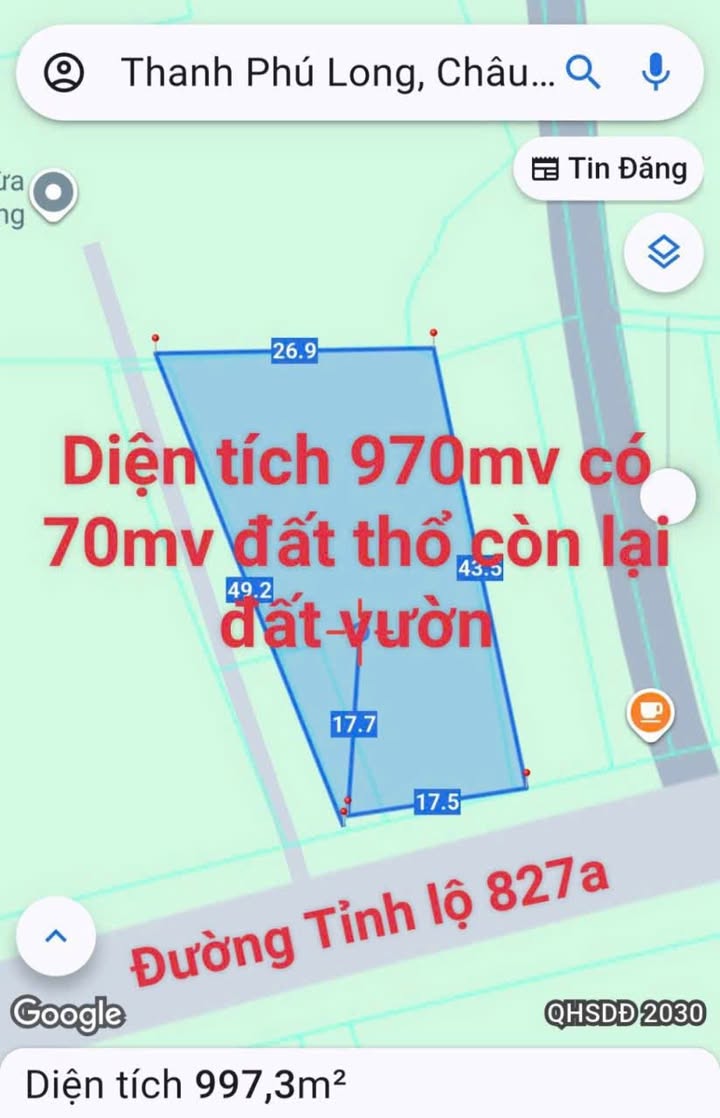Đất Mặt Tiền Tỉnh Lộ 827a, Châu Thành, 970m² - Sổ Hồng Riêng, Giá 3.5 Tỷ!