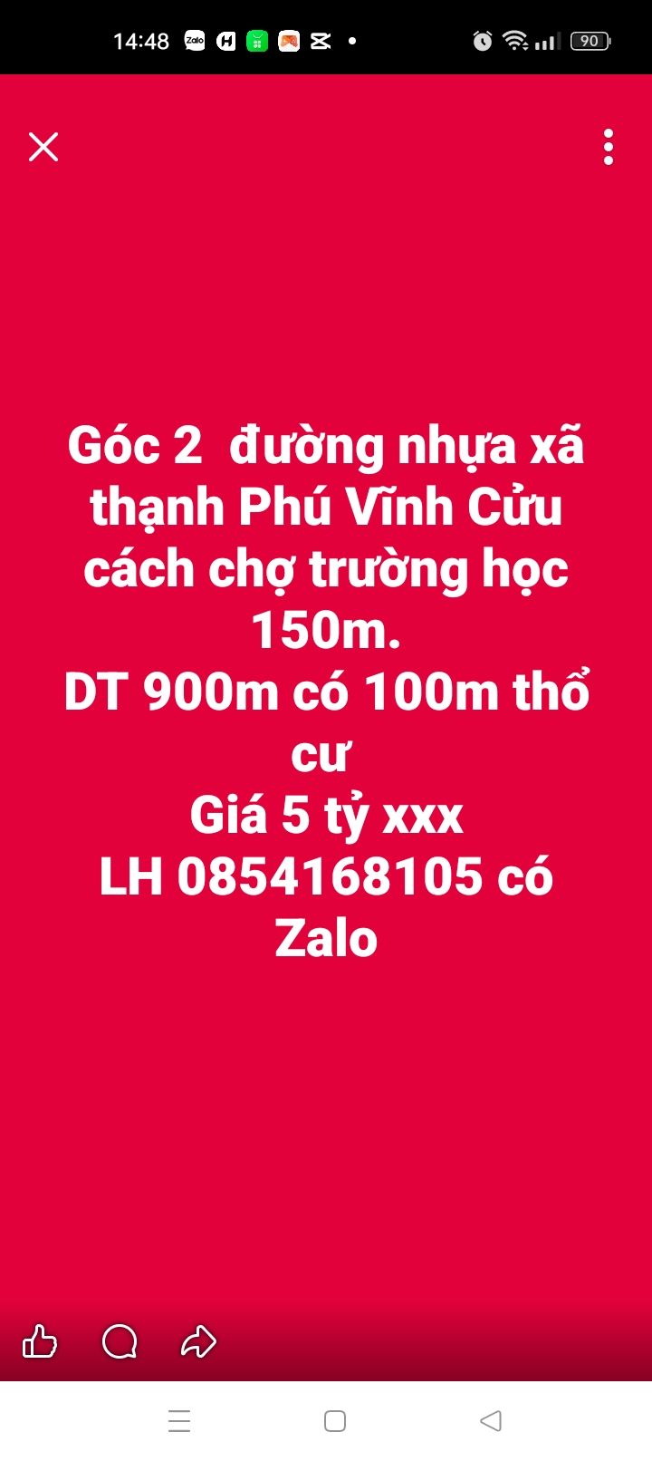 Đất nền xã Thạnh Phú Vĩnh Cửu 900m² giá 5 tỷ - Vị trí thuận lợi gần chợ và trường học!