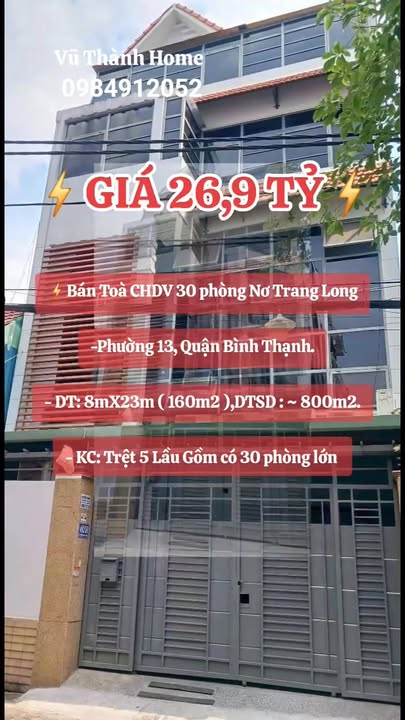 Toà Chung cư dịch vụ 30 phòng tại Nơ Trang Long, Bình Thạnh - Giá 26.9 tỷ - Đầu tư sinh lời ngay!