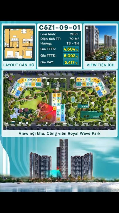 Căn hộ chung cư Royal Wave Park - Vinhomes Ocean Park 70m² giá thỏa thuận - View công viên tuyệt đẹp!