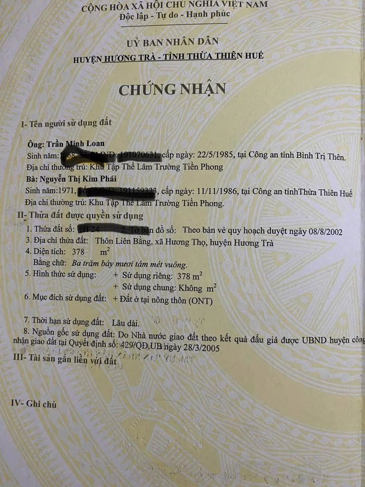 Đất nền Liên Bằng Hương Thọ 378m² giá 1.2 tỷ - Cơ hội đầu tư tuyệt vời!