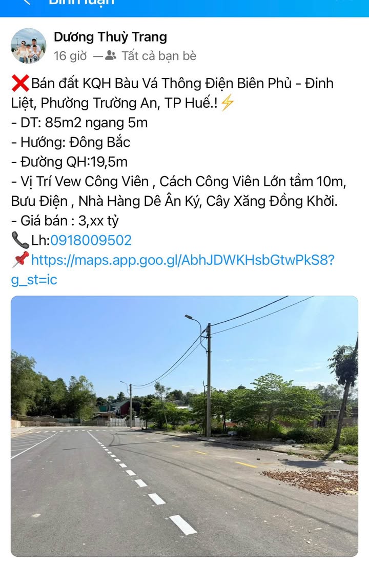 Đất KQH Bàu Vá, Trường An, Huế 85m² giá 3 tỷ - Vị trí đắc địa gần công viên!