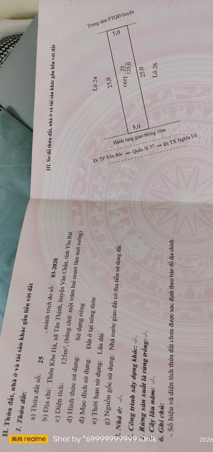 Đất nền thổ cư Tân Thịnh, Văn Chấn – Diện tích 125m², Sổ đỏ chính chủ