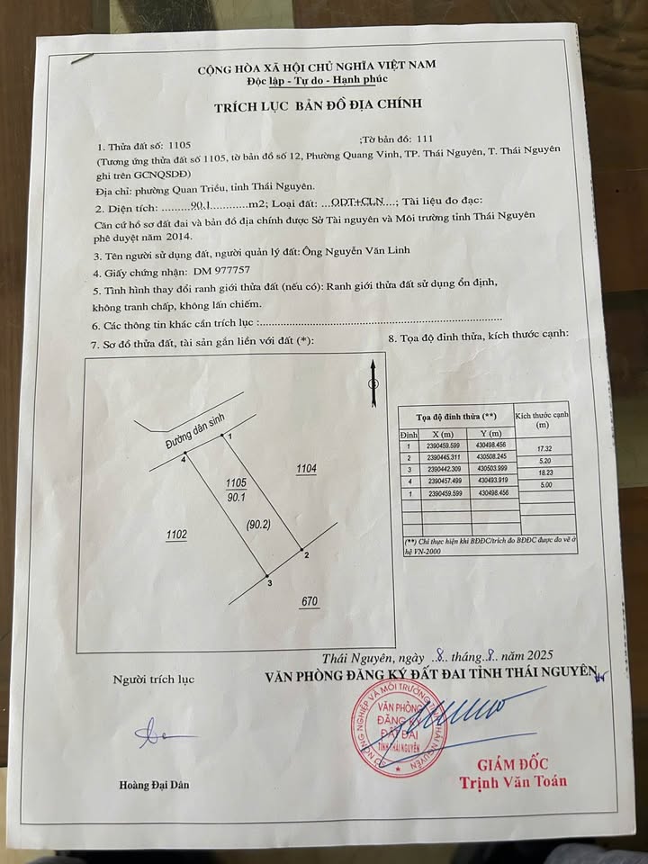 Đất nền Phường Quang Vinh, Thái Nguyên 90m² giá 1 tỷ - Đường thông thoáng, ô tô vào tận nơi!