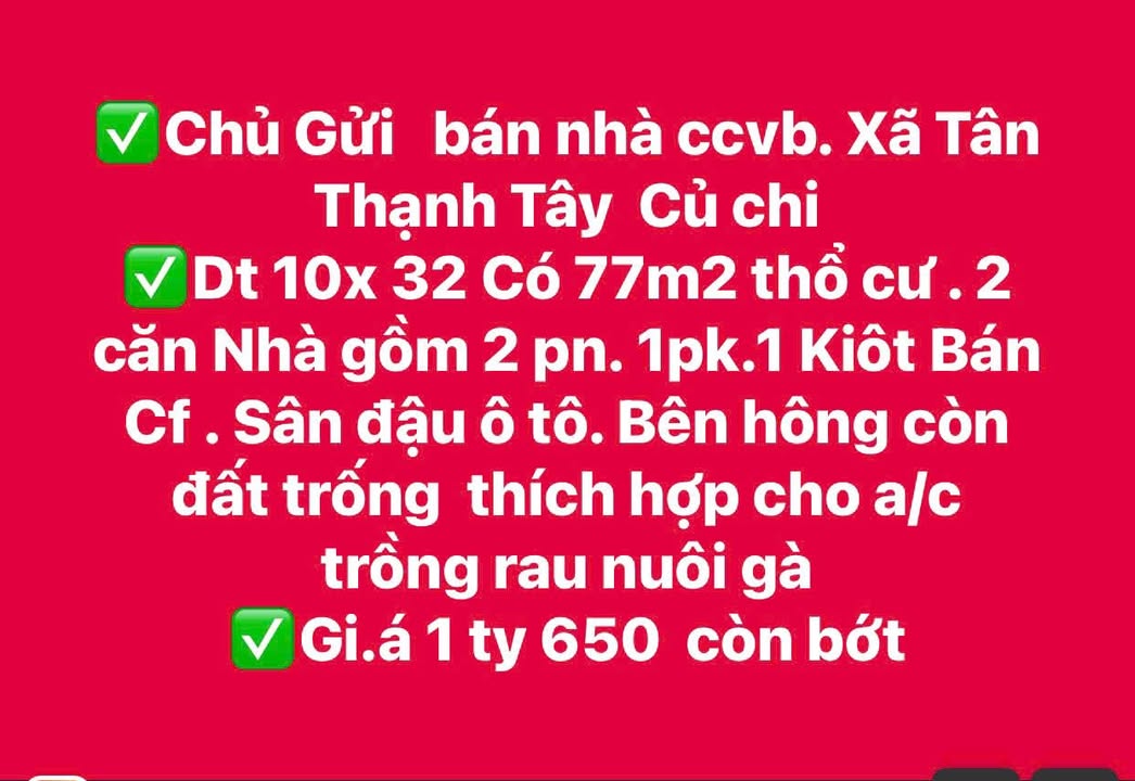 Nhà riêng Xã Tân Thạnh Tây, Huyện Củ Chi 320m² giá 1.65 tỷ - Chính chủ bán gấp!