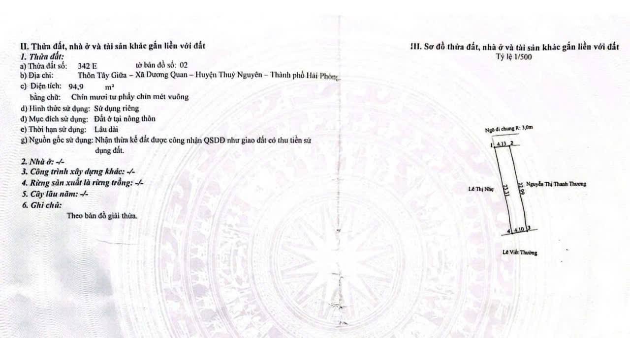 Đất thổ cư Dương Quan - Thủy Nguyên 94m² - Chính chủ bán gấp!