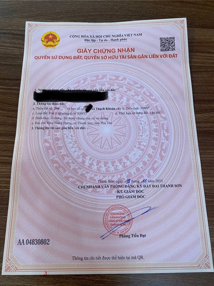 Đất thổ cư 194m² tại Khu Trung Hưng, Thanh Sơn - Vị trí vàng, giá rẻ chỉ 1 tỷ!