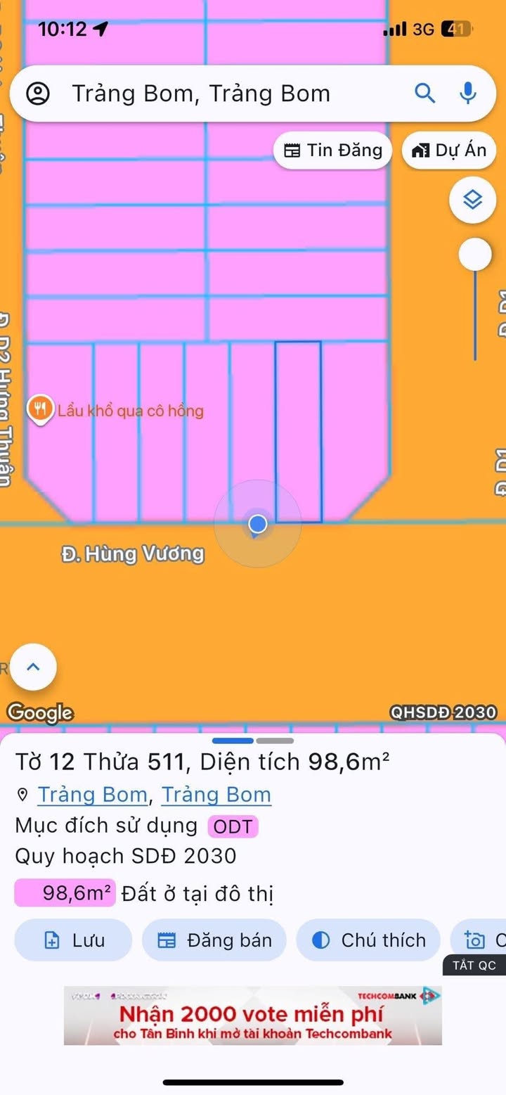 Đất thổ cư mặt tiền đường Hùng Vương, Trảng Bom, 98.6m² giá 2.9 tỷ - Cơ hội vàng đầu tư!