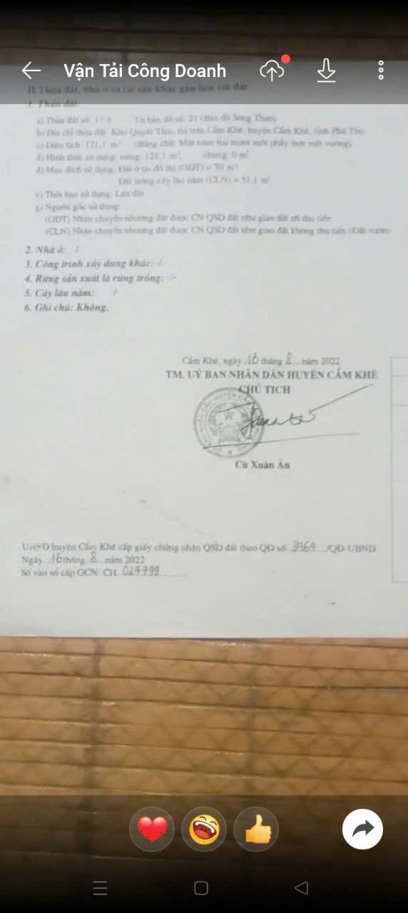 Đất 2 mặt tiền Thị Trấn Cẩm Khê 121m² giá 900 triệu - Cơ hội đầu tư sinh lời!