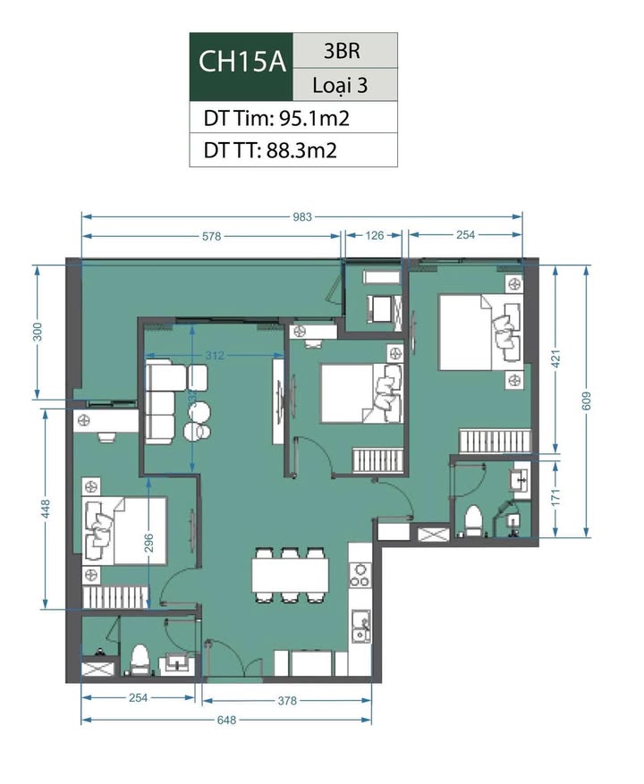 Căn hộ 3 phòng ngủ Vinhomes Smart City 88m² giá 3.2 tỷ - Ban công hướng Đông Bắc, view nội khu!