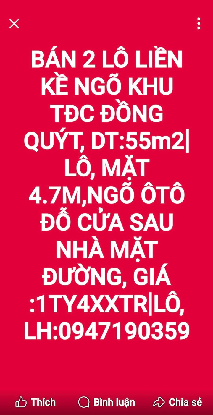 Đất nền liền kề tại khu TĐC Đồng Quýt, 55m² giá 1.4 tỷ - Tiềm năng đầu tư lớn!