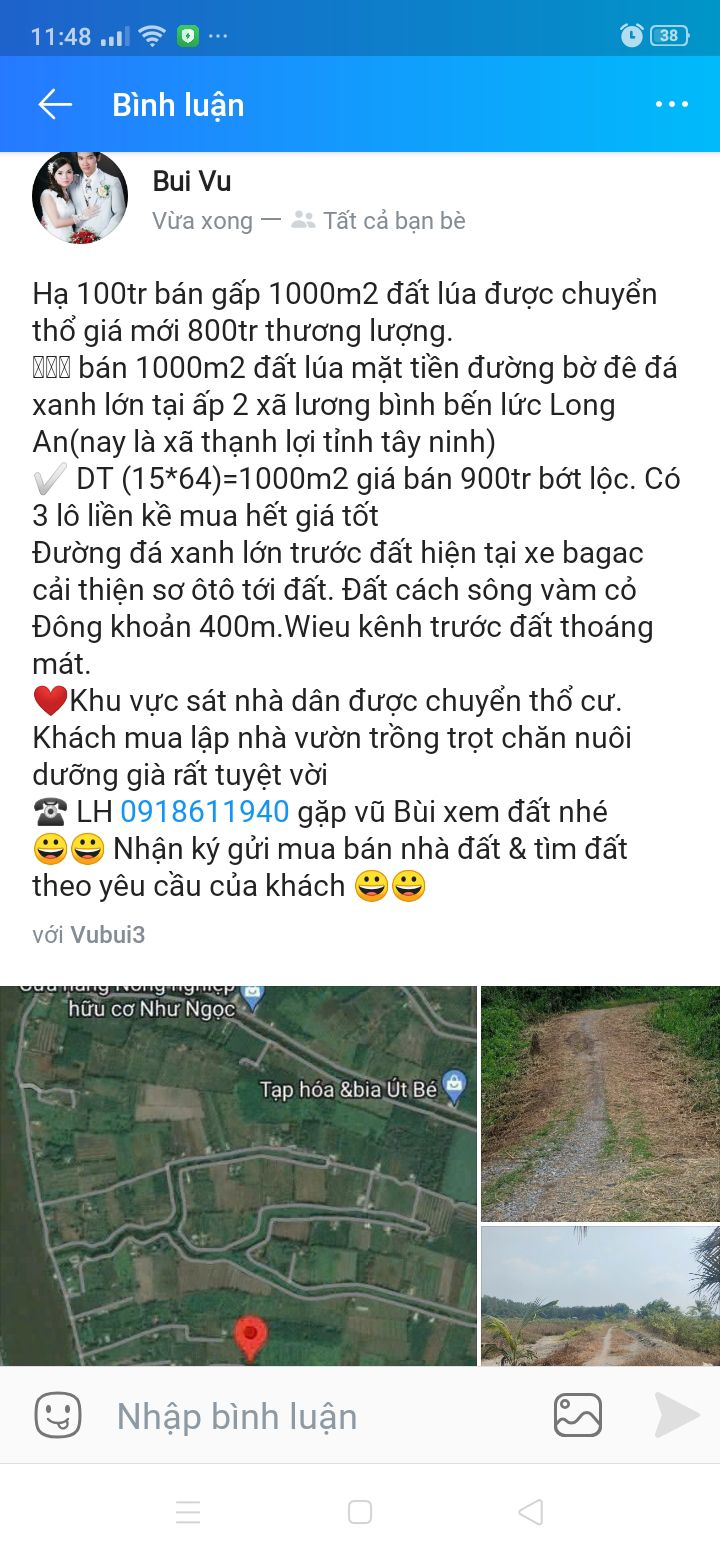 Đất thổ cư 1000m² tại Xã Lương Bình, Bến Lức - Giá chỉ 800 triệu - Cơ hội đầu tư tuyệt vời!