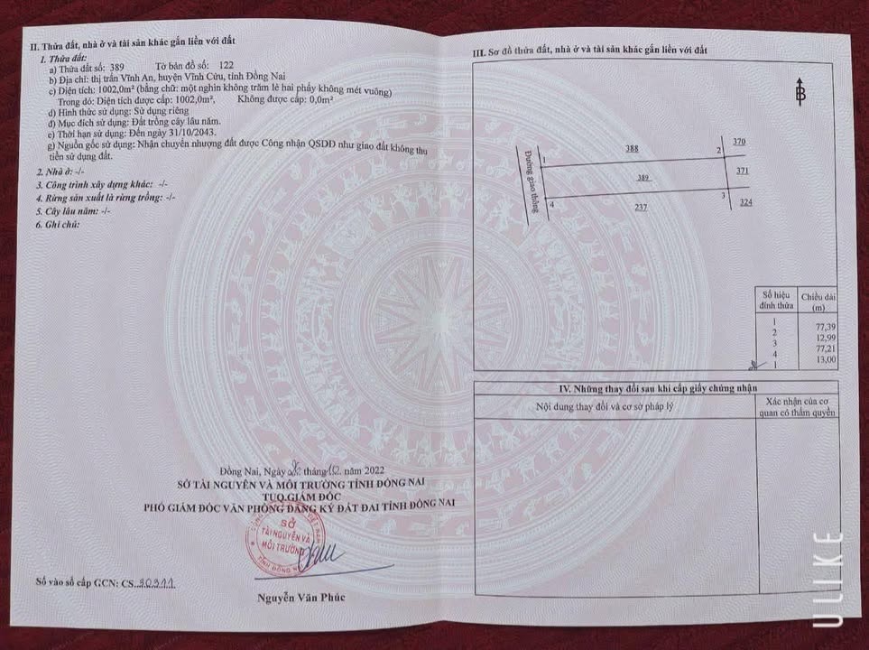 Đất nền mặt tiền Vĩnh An 1000m² giá 1.39 tỷ - Sổ đỏ chính chủ