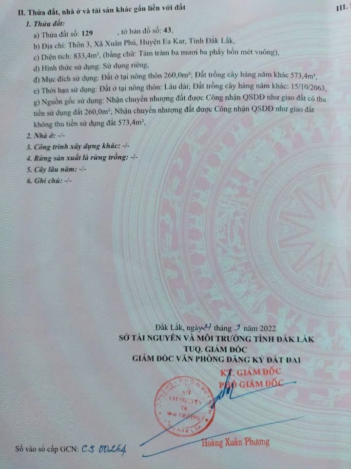 Đất thổ cư tại xã Xuân Phú, Huyện Ea Kar 800m² giá 800 triệu - Tiềm năng phát triển lớn!