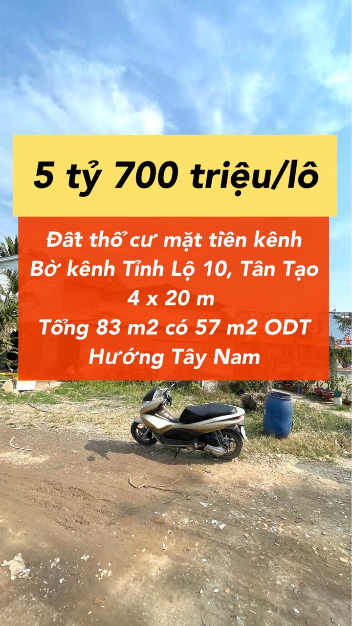 Đất thổ cư mặt tiền kênh Tham Lương 83m² giá 5.7 tỷ - Cơ hội đầu tư hiếm có!